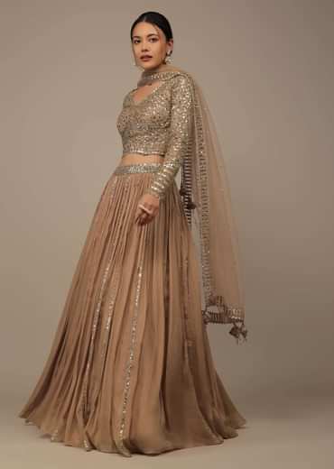 Beige Festive Sequins And Zari Embroidered Lehenga Set In Chinon