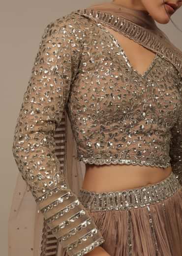 Beige Festive Sequins And Zari Embroidered Lehenga Set In Chinon