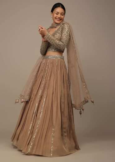 Beige Festive Sequins And Zari Embroidered Lehenga Set In Chinon