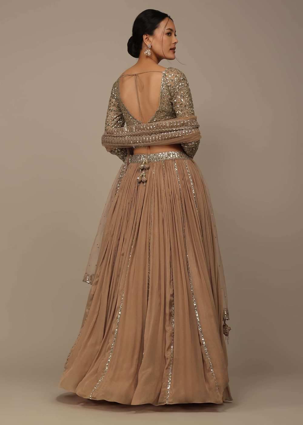 Beige Festive Sequins And Zari Embroidered Lehenga Set In Chinon