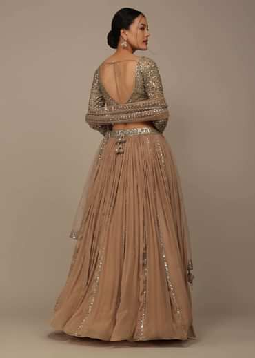 Beige Festive Sequins And Zari Embroidered Lehenga Set In Chinon