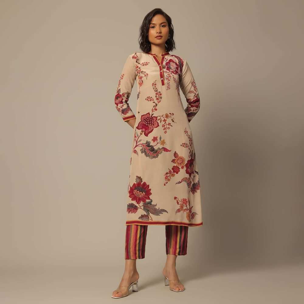 Beige Floral Print Pant Set With Embroidered Detail