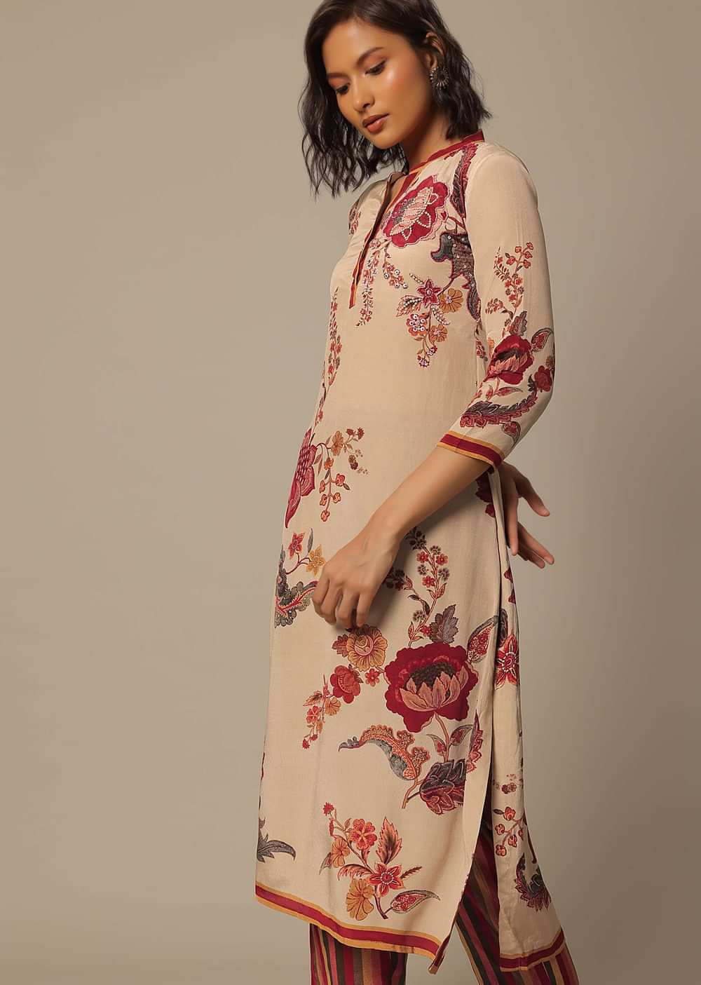 Beige Floral Print Pant Set With Embroidered Detail