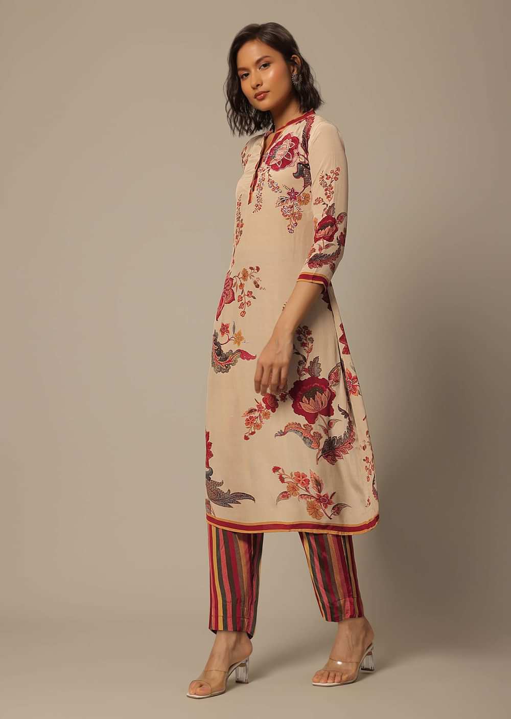 Beige Floral Print Pant Set With Embroidered Detail