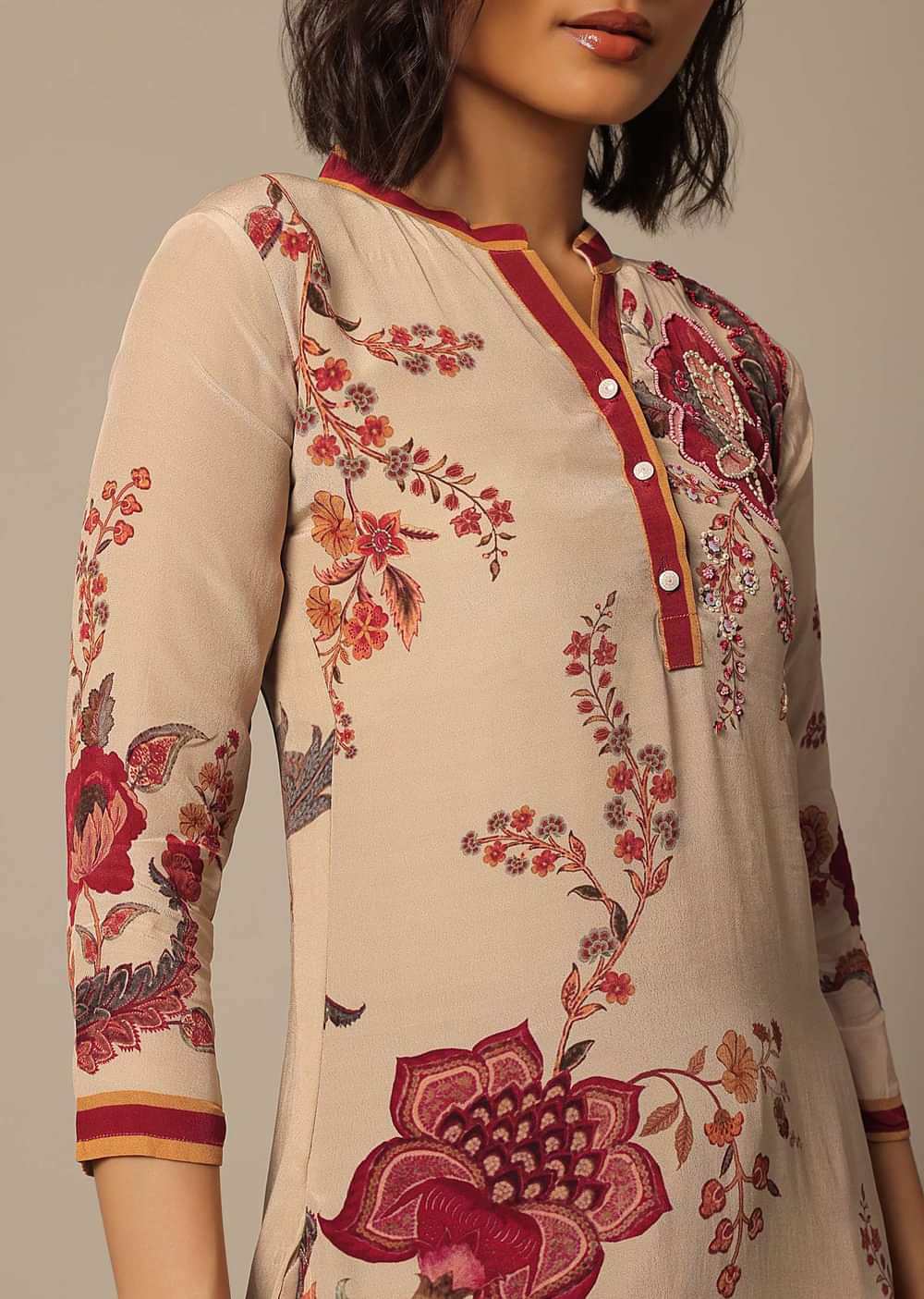 Beige Floral Print Pant Set With Embroidered Detail