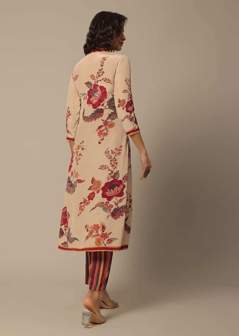 Beige Floral Print Pant Set With Embroidered Detail