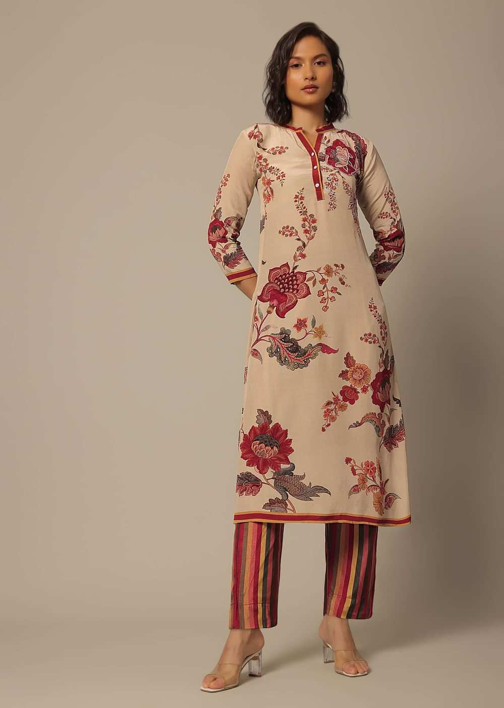 Beige Floral Print Pant Set With Embroidered Detail