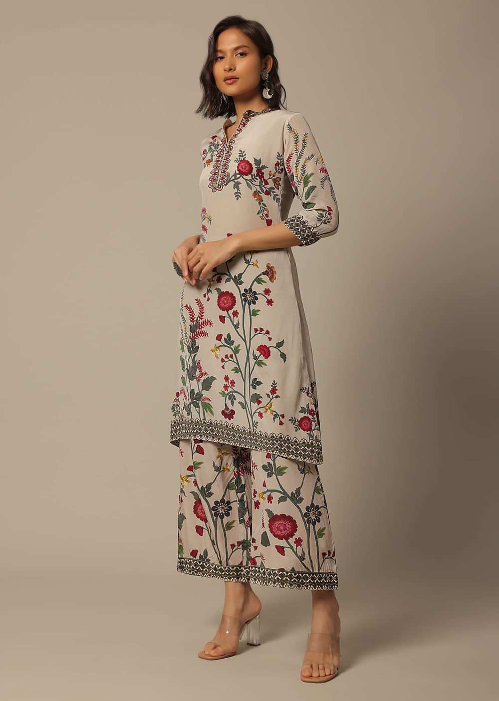 Beige Floral Print Pant Set With Sequin Work
