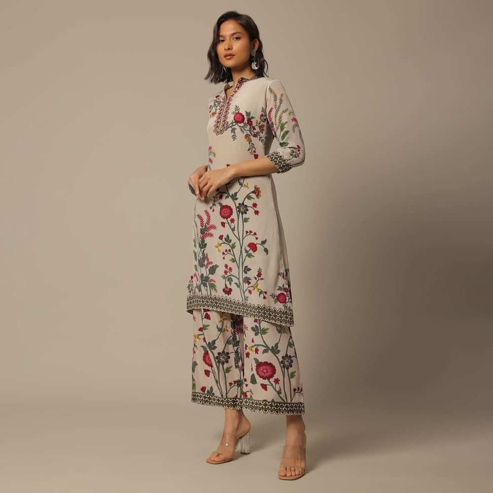 Beige Floral Print Pant Set With Sequin Work