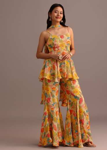 Beige Floral Printed Kurti Sharara Suit With Tissue Dupatta