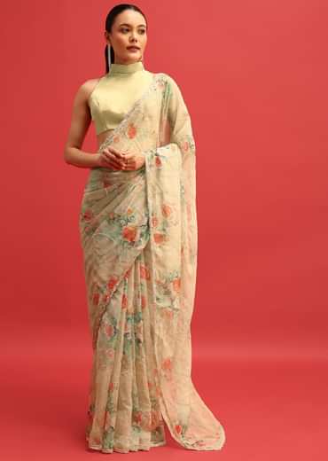 Beige Floral Printed Organza Saree With Cutdana And Sequin Embroidery With Unstitched Blouse