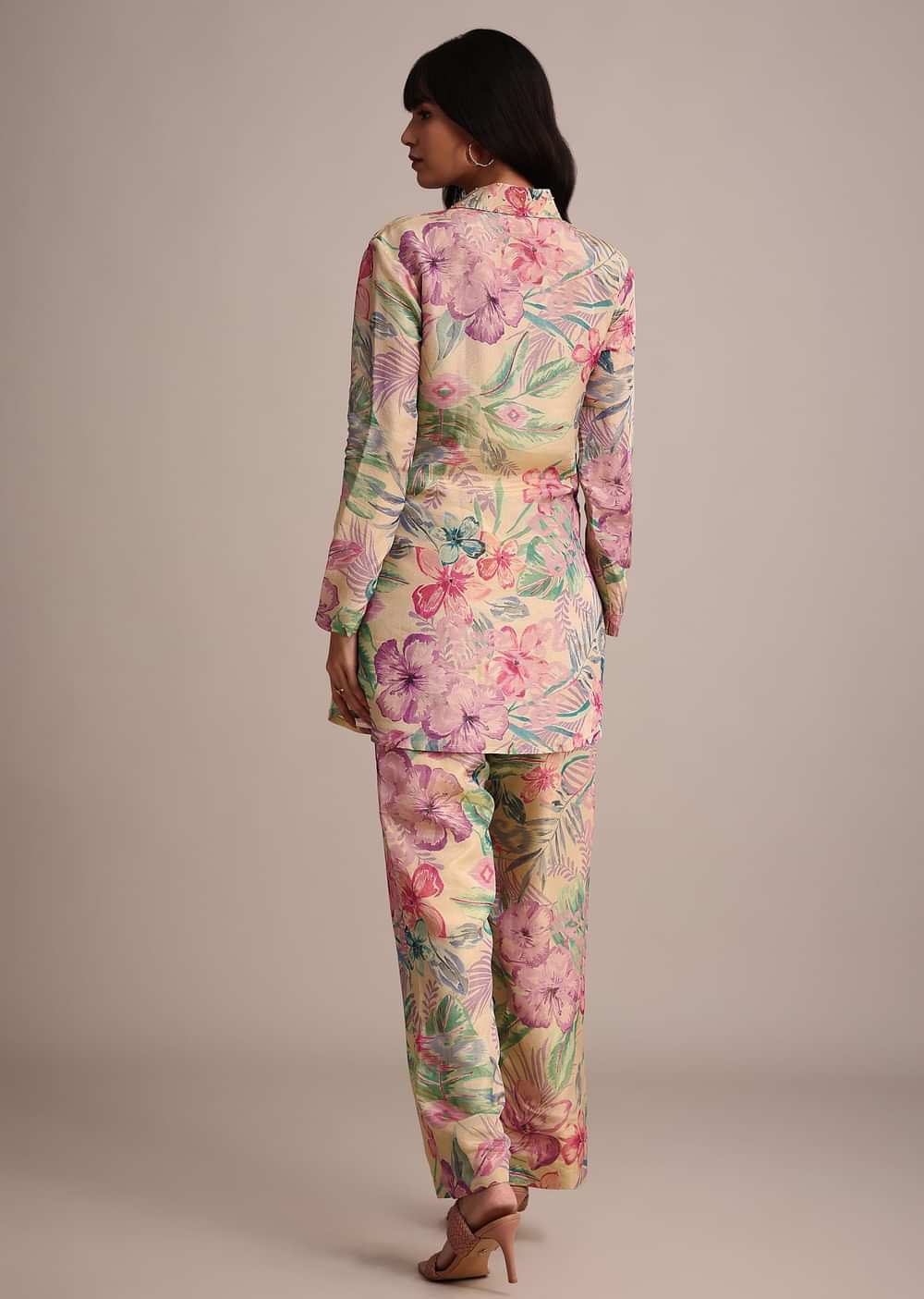 Beige Floral Printed Tissue Shirt Pant Set