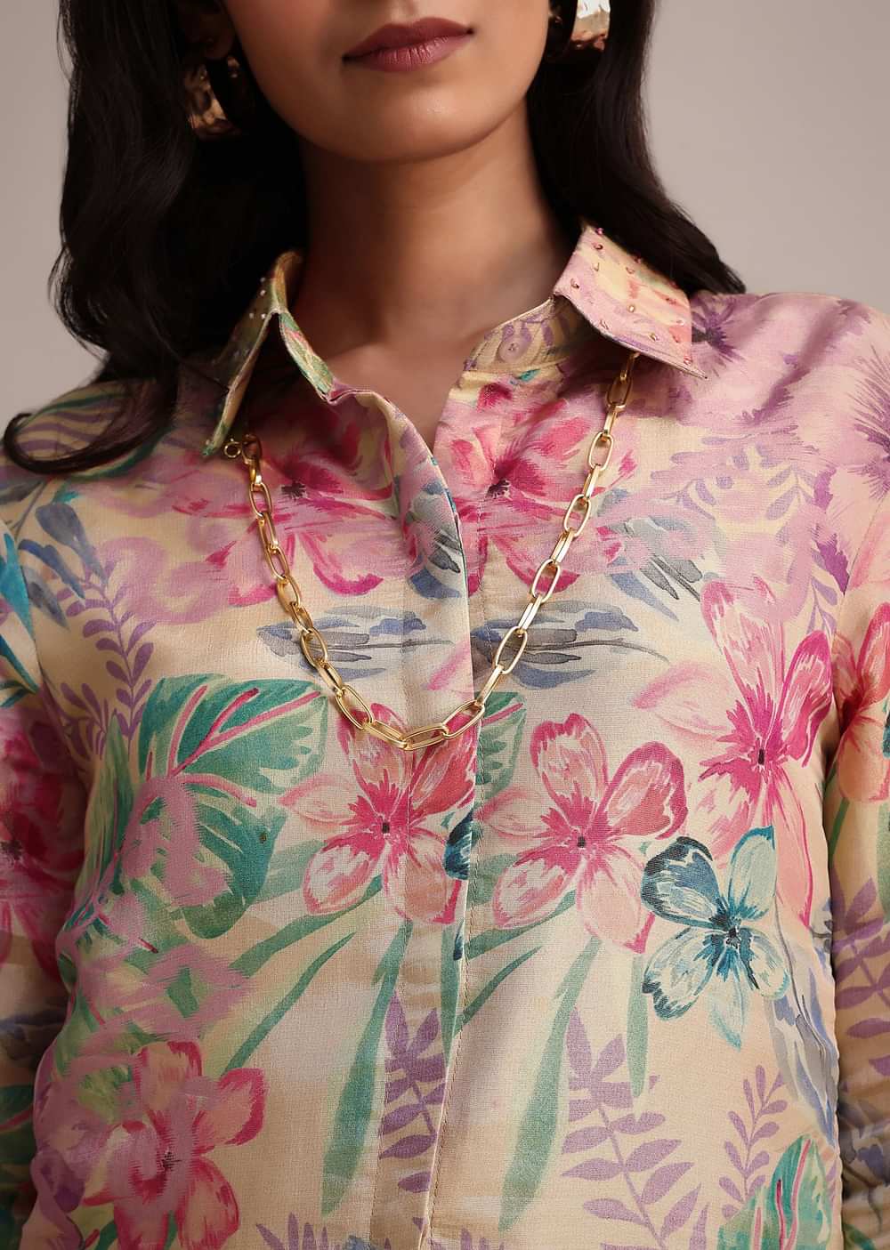 Beige Floral Printed Tissue Shirt Pant Set