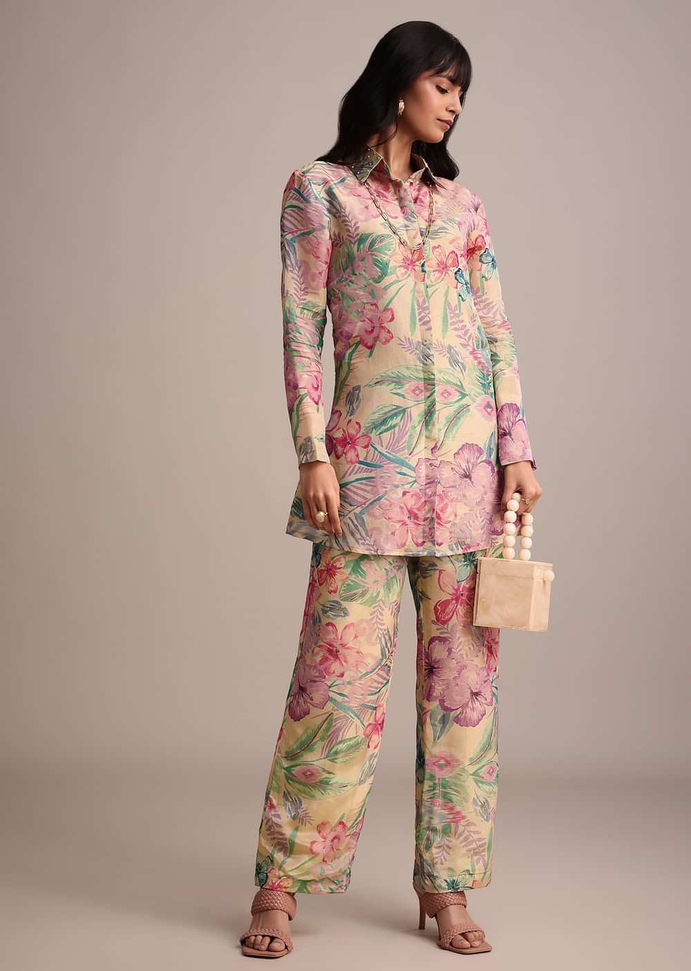 Beige Floral Printed Tissue Shirt Pant Set