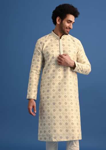 Beige Foil Print Kurta Set