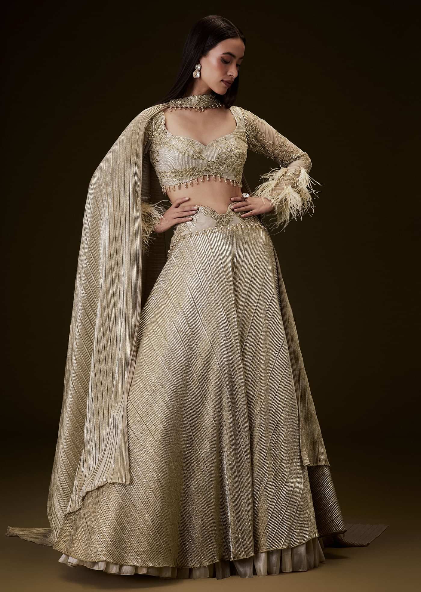 Beige Gold Crush Fabric Lehenga With Feather Sleeve Blouse
