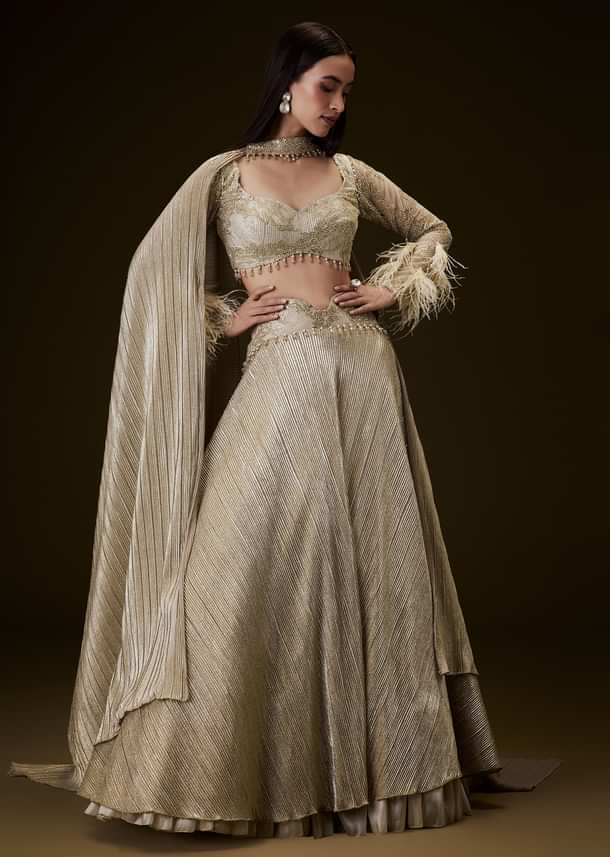 Beige Gold Crush Fabric Lehenga With Feather Sleeve Blouse