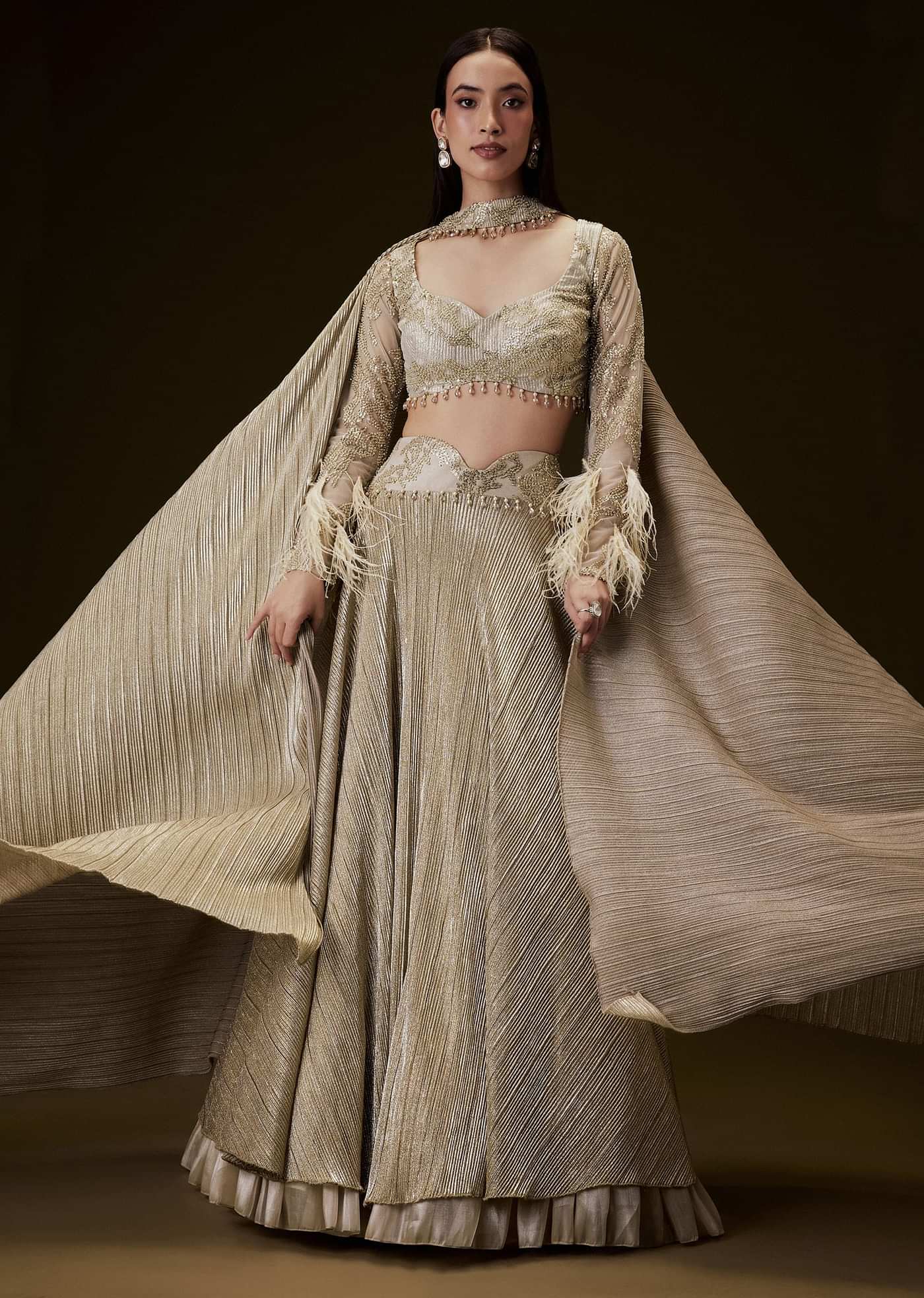 Beige Gold Crush Fabric Lehenga With Feather Sleeve Blouse