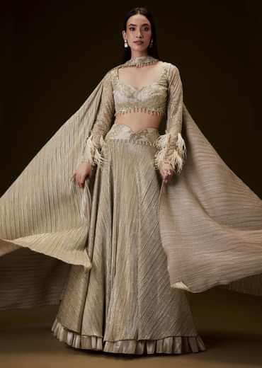 Beige Gold Crush Fabric Lehenga With Feather Sleeve Blouse