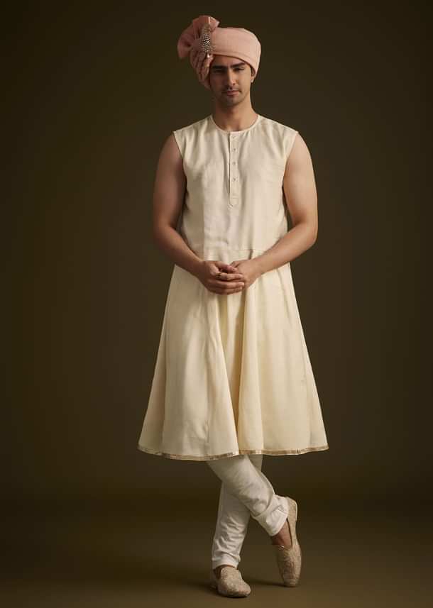 Beige Gotta Work Embroidered Sherwani And Matching Dupatta