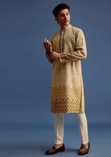 Beige Hand Block Printed Kurta Set With Zari Work