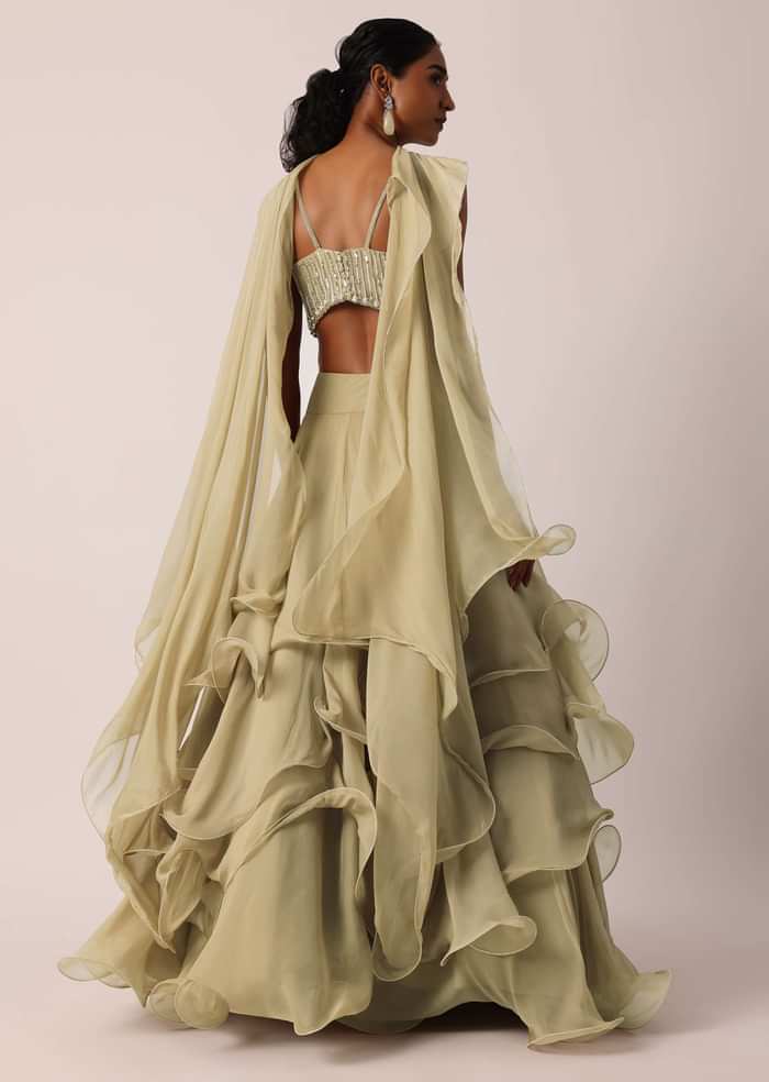 Beige Hand Embellished Lehenga Set With Ruffle Dupatta