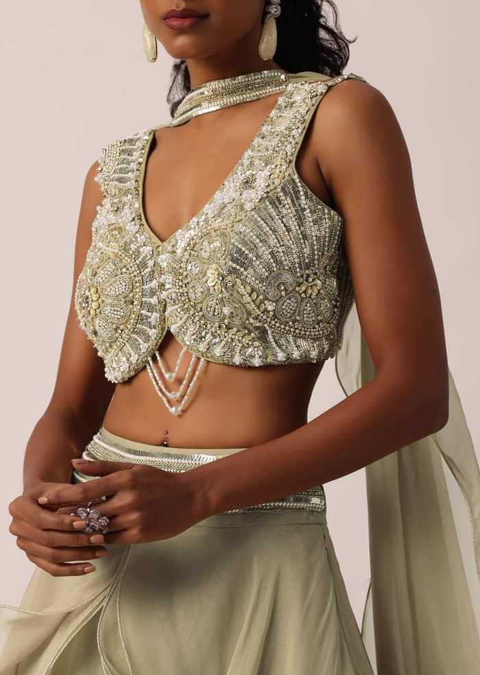 Beige Hand Embellished Lehenga Set With Ruffle Dupatta