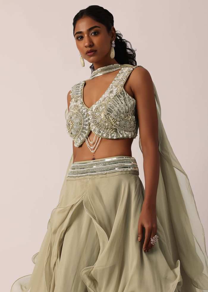 Beige Hand Embellished Lehenga Set With Ruffle Dupatta