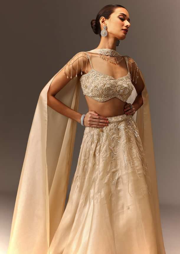 Beige Embroidered Blouse With Skirt And Choker Dupatta