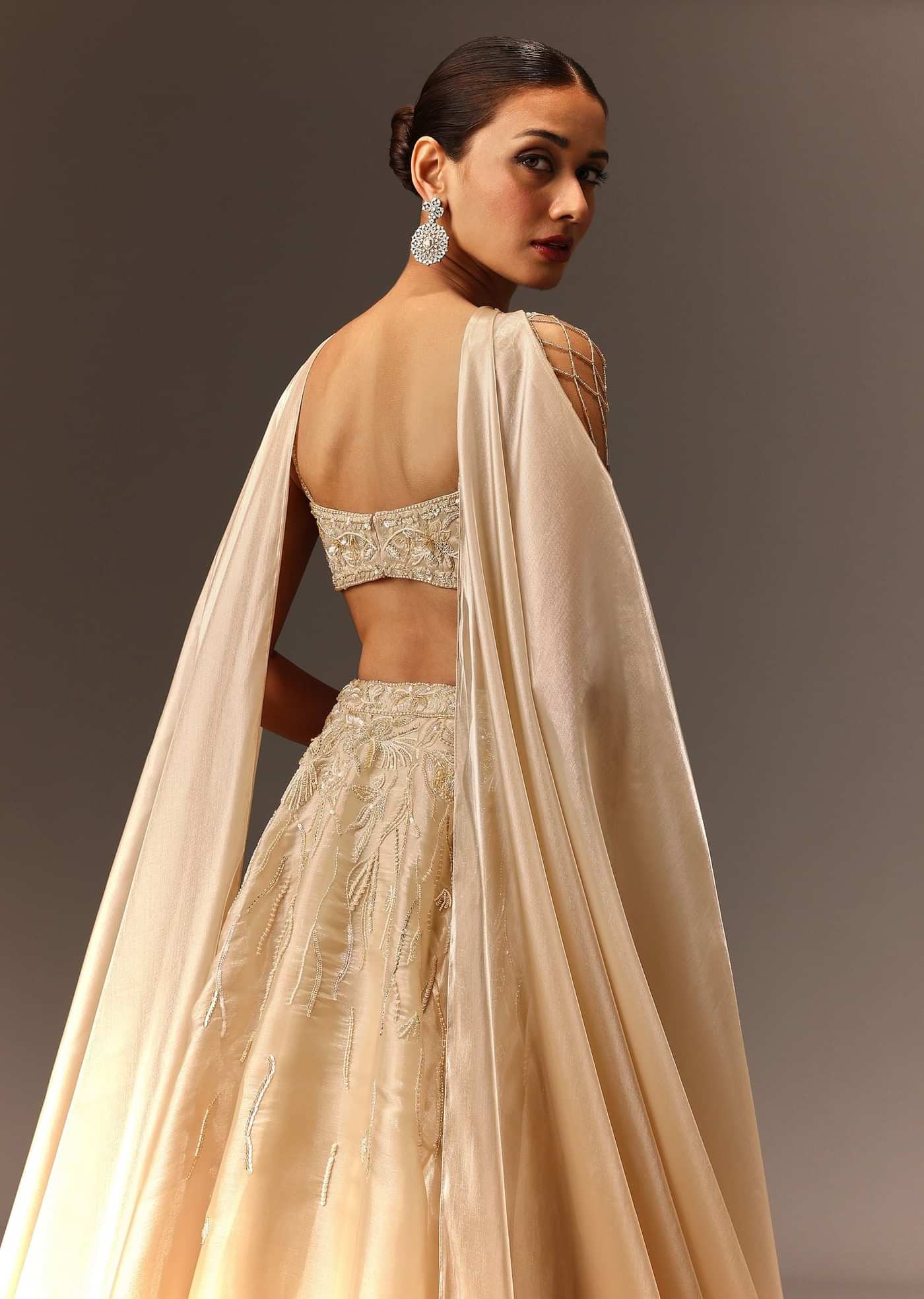 Beige Embroidered Blouse With Skirt And Choker Dupatta