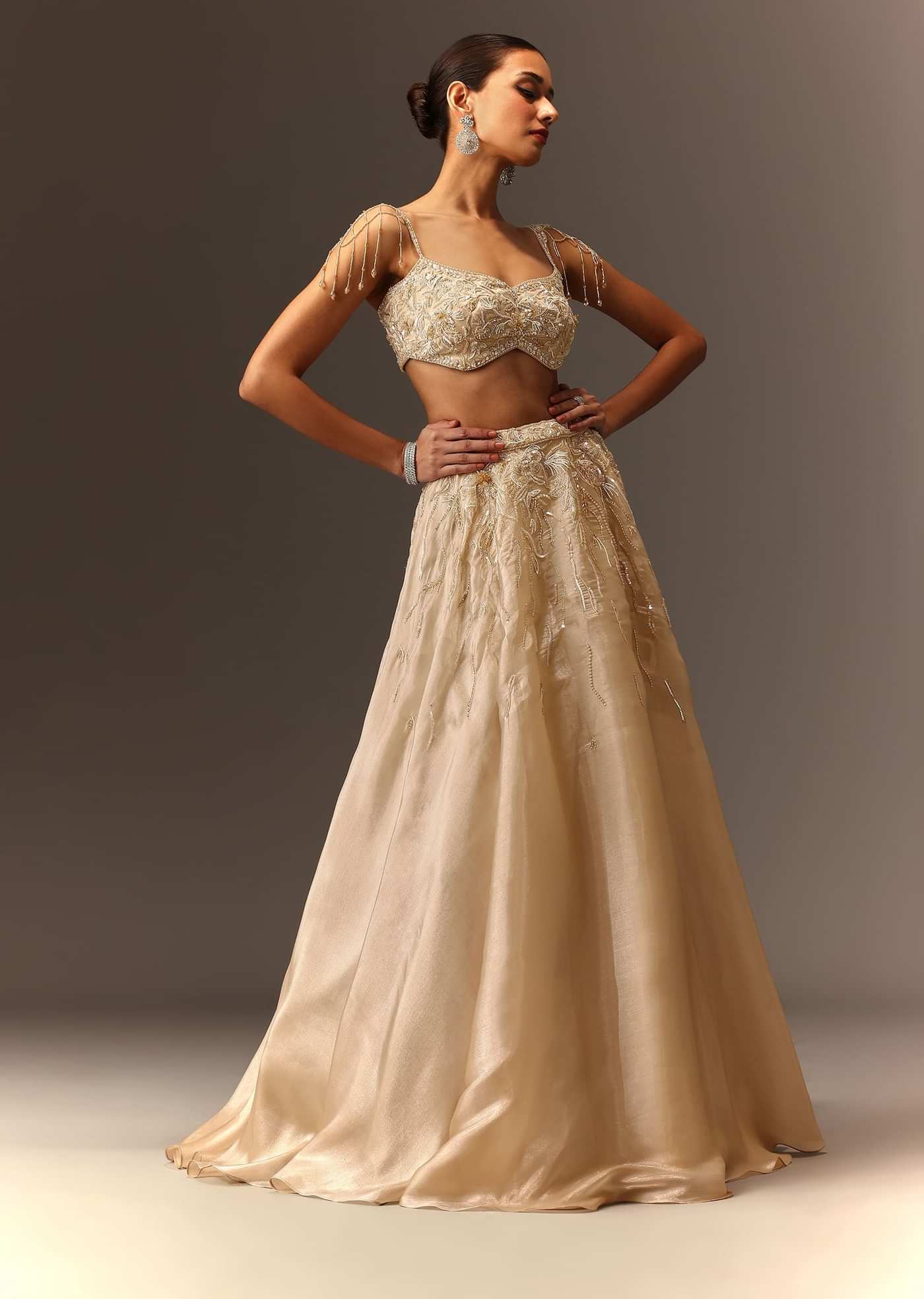 Beige Embroidered Blouse With Skirt And Choker Dupatta