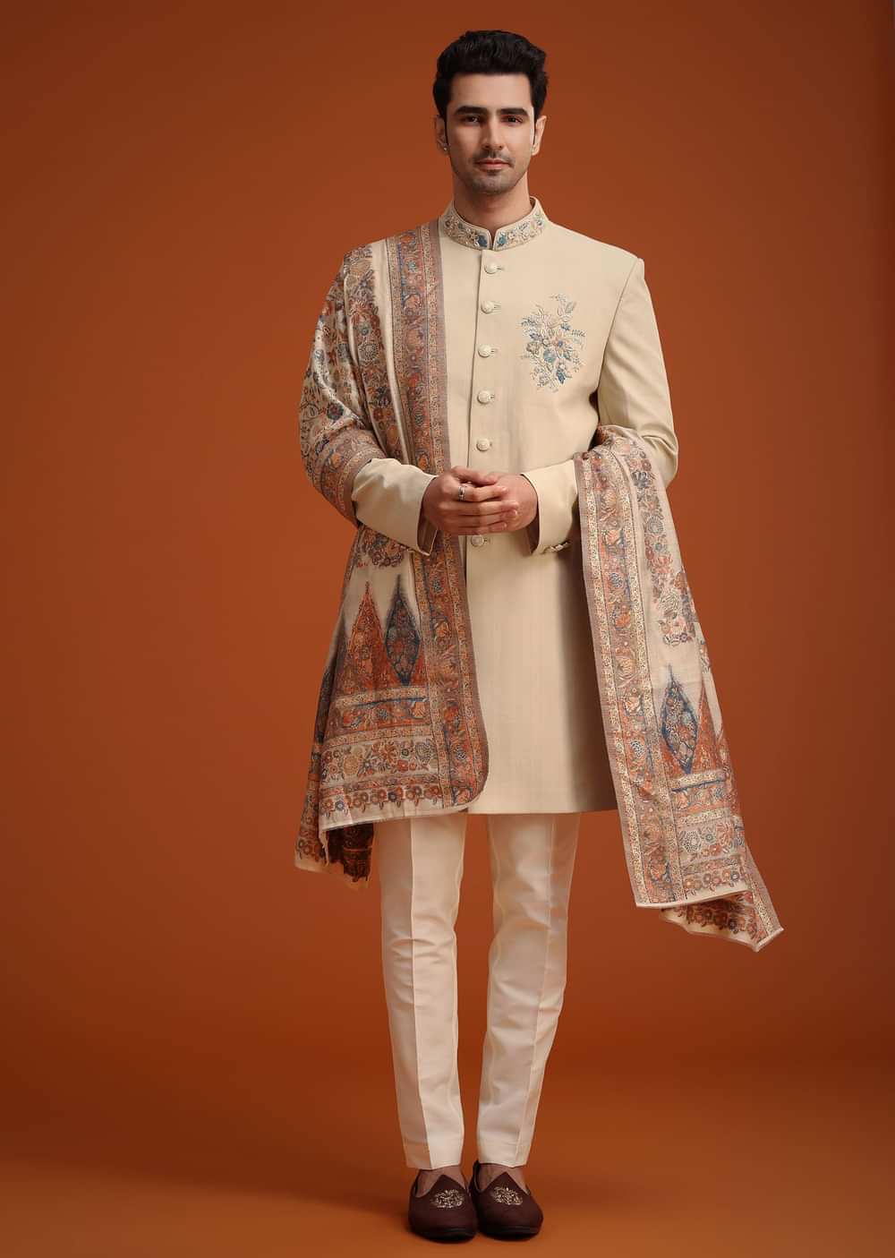 Beige Hand Embroidered Indo Western Set With Dupatta