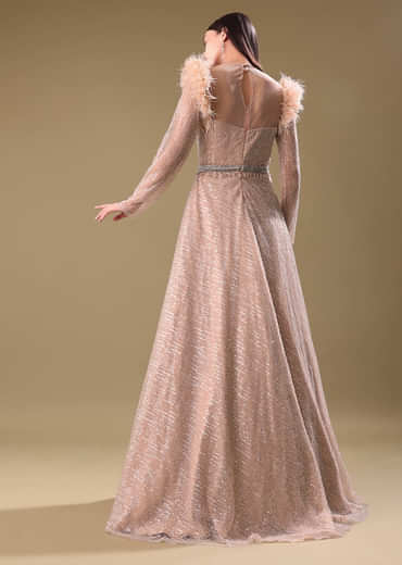 Beige Hand Embroidered Sequins Gown