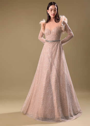 Beige Hand Embroidered Sequins Gown