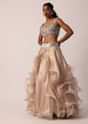 Beige Hand Worked Lehenga Set With Ruffle Dupatta And Pearl Work