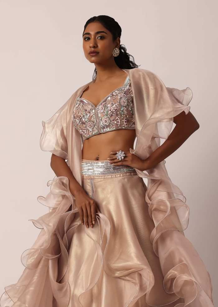 Beige Hand Worked Lehenga Set With Ruffle Dupatta And Pearl Work