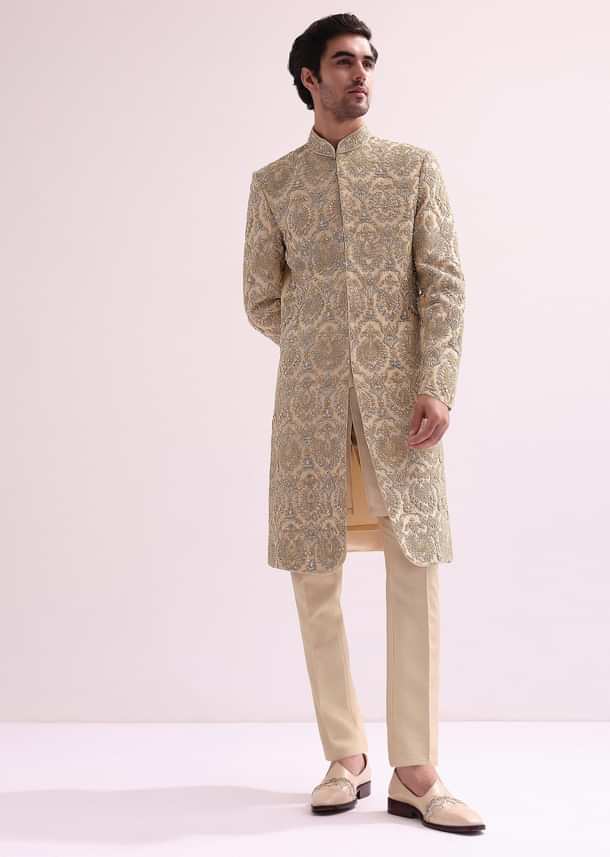 Beige High Collar Silk Sherwani And Kurta Set