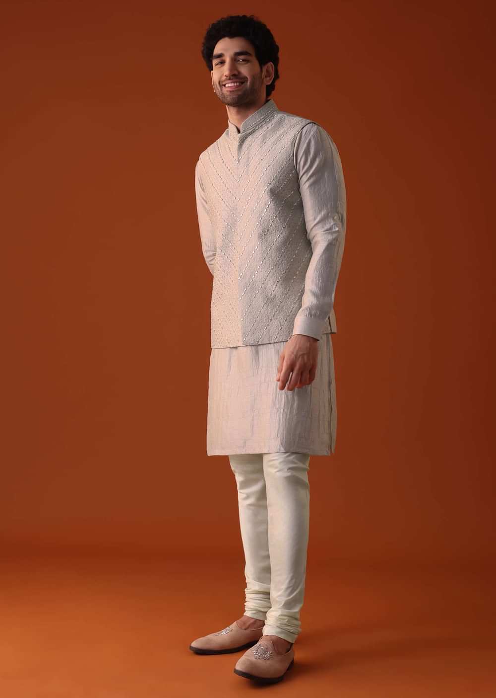 Beige Jacket Kurta Set With Mirror And Thread Work In Nysa Silk