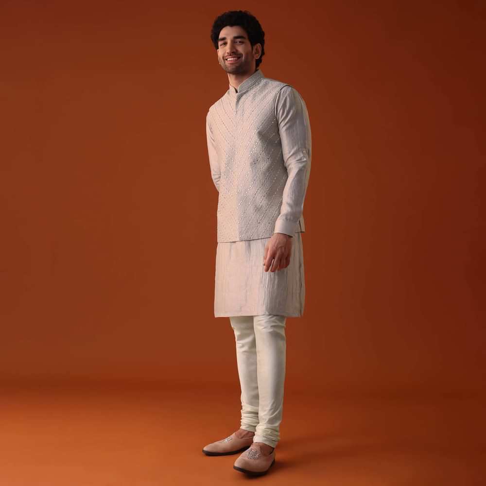 Beige Jacket Kurta Set With Mirror And Thread Work In Nysa Silk