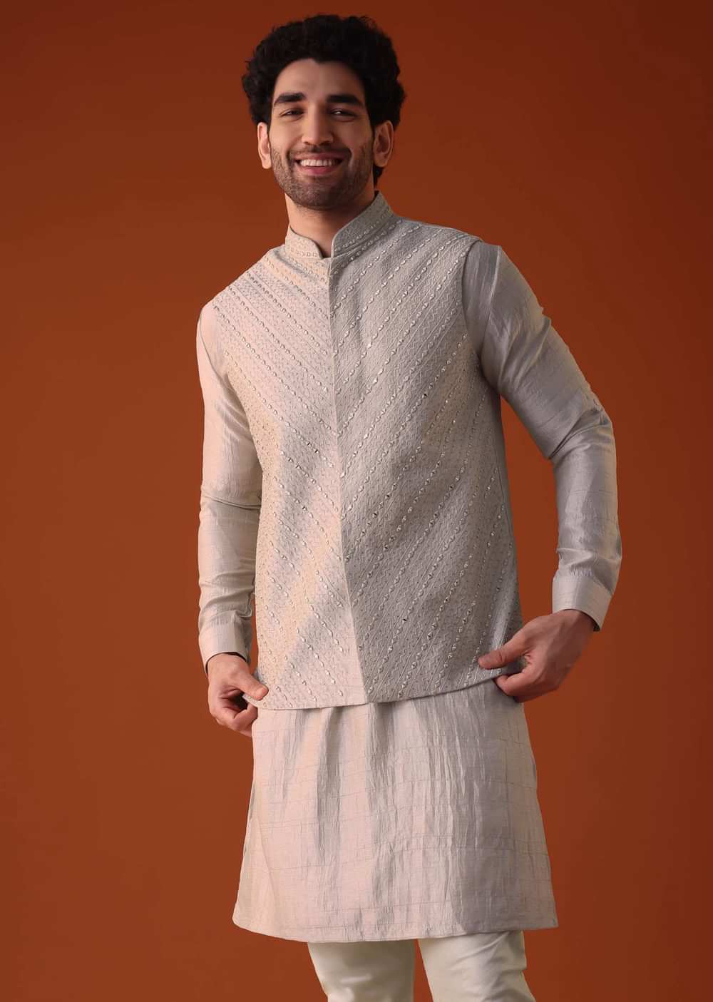 Beige Jacket Kurta Set With Mirror And Thread Work In Nysa Silk