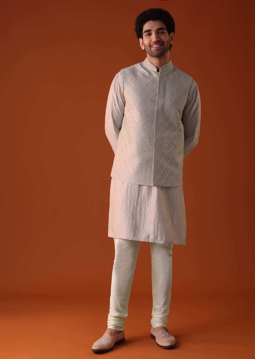 Beige Jacket Kurta Set With Mirror And Thread Work In Nysa Silk