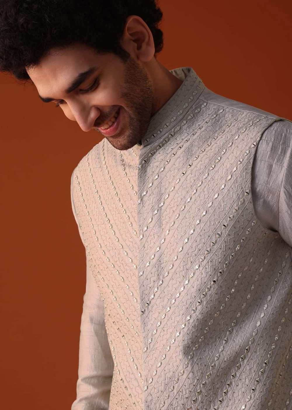 Beige Jacket Kurta Set With Mirror And Thread Work In Nysa Silk