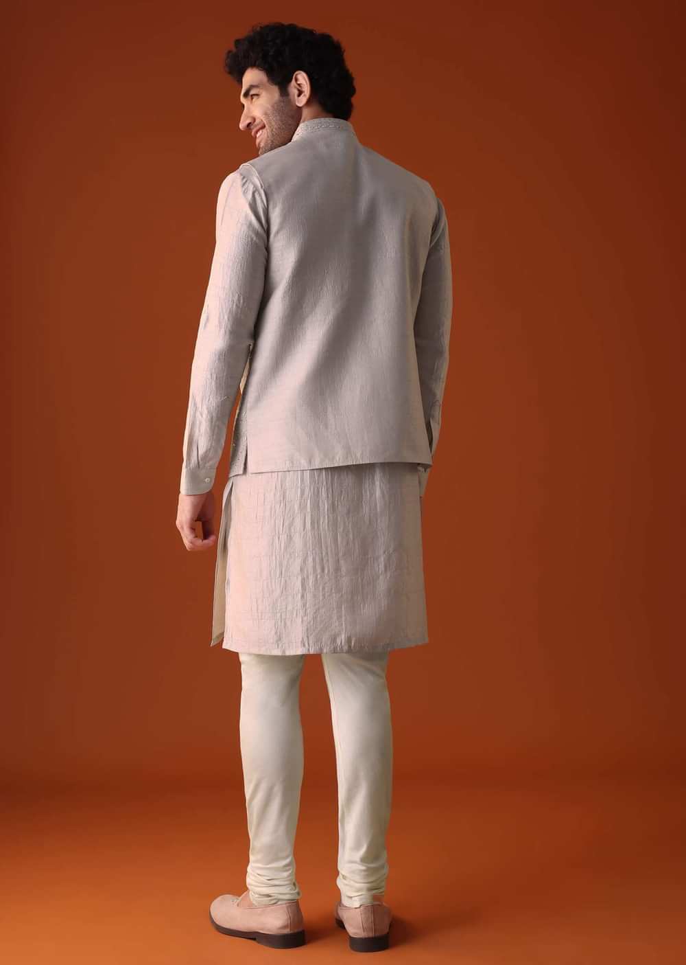 Beige Jacket Kurta Set With Mirror And Thread Work In Nysa Silk