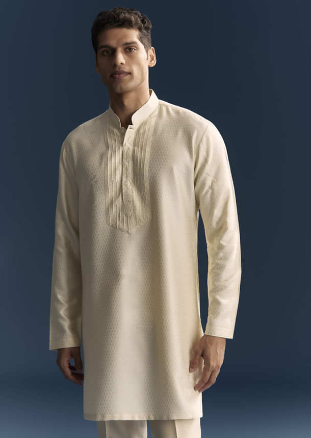 Beige Jacquard Kurta Jacket Set For Men With Resham And Moti Work Beige Jacquard Kurta Jacket Set For Men With Resham And Moti Work