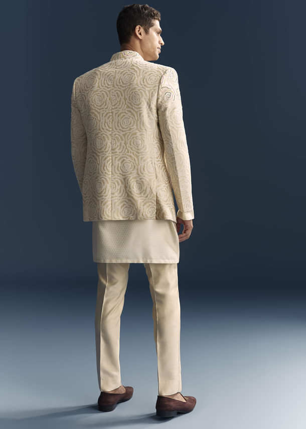 Beige Jacquard Kurta Jacket Set For Men With Resham And Moti Work Beige Jacquard Kurta Jacket Set For Men With Resham And Moti Work