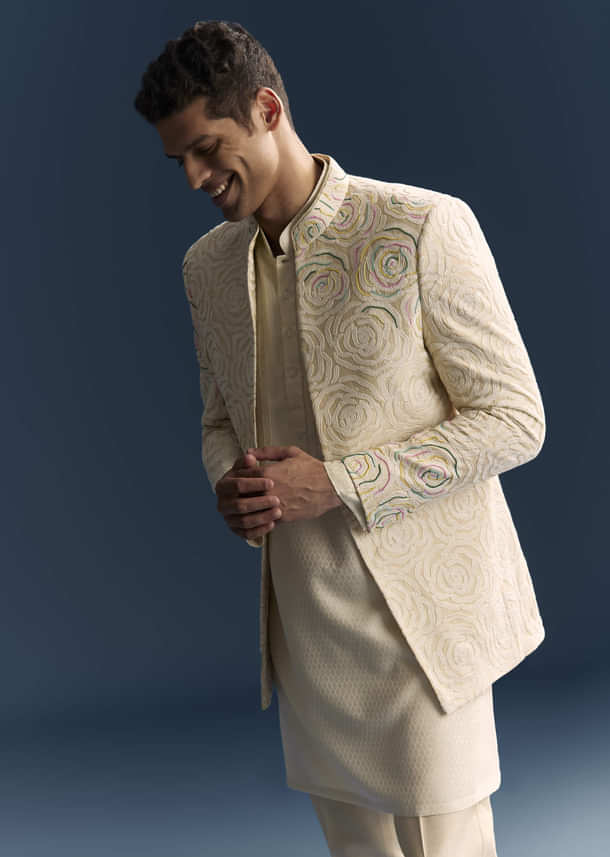 Beige Jacquard Kurta Jacket Set For Men With Resham And Moti Work Beige Jacquard Kurta Jacket Set For Men With Resham And Moti Work