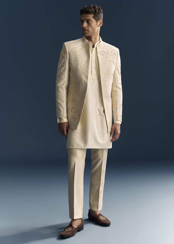 Beige Jacquard Kurta Jacket Set For Men With Resham And Moti Work Beige Jacquard Kurta Jacket Set For Men With Resham And Moti Work