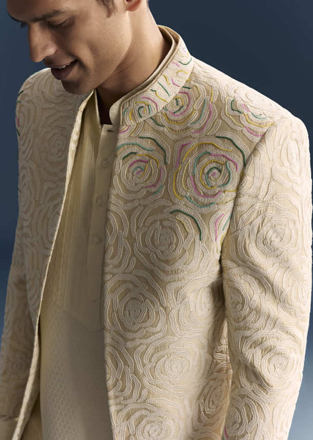 Beige Jacquard Kurta Jacket Set For Men With Resham And Moti Work Beige Jacquard Kurta Jacket Set For Men With Resham And Moti Work