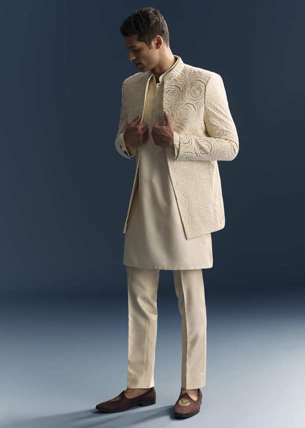 Beige Jacquard Kurta Jacket Set For Men With Resham And Moti Work Beige Jacquard Kurta Jacket Set For Men With Resham And Moti Work