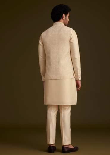 Beige Jacquard Nehru Jacket Set